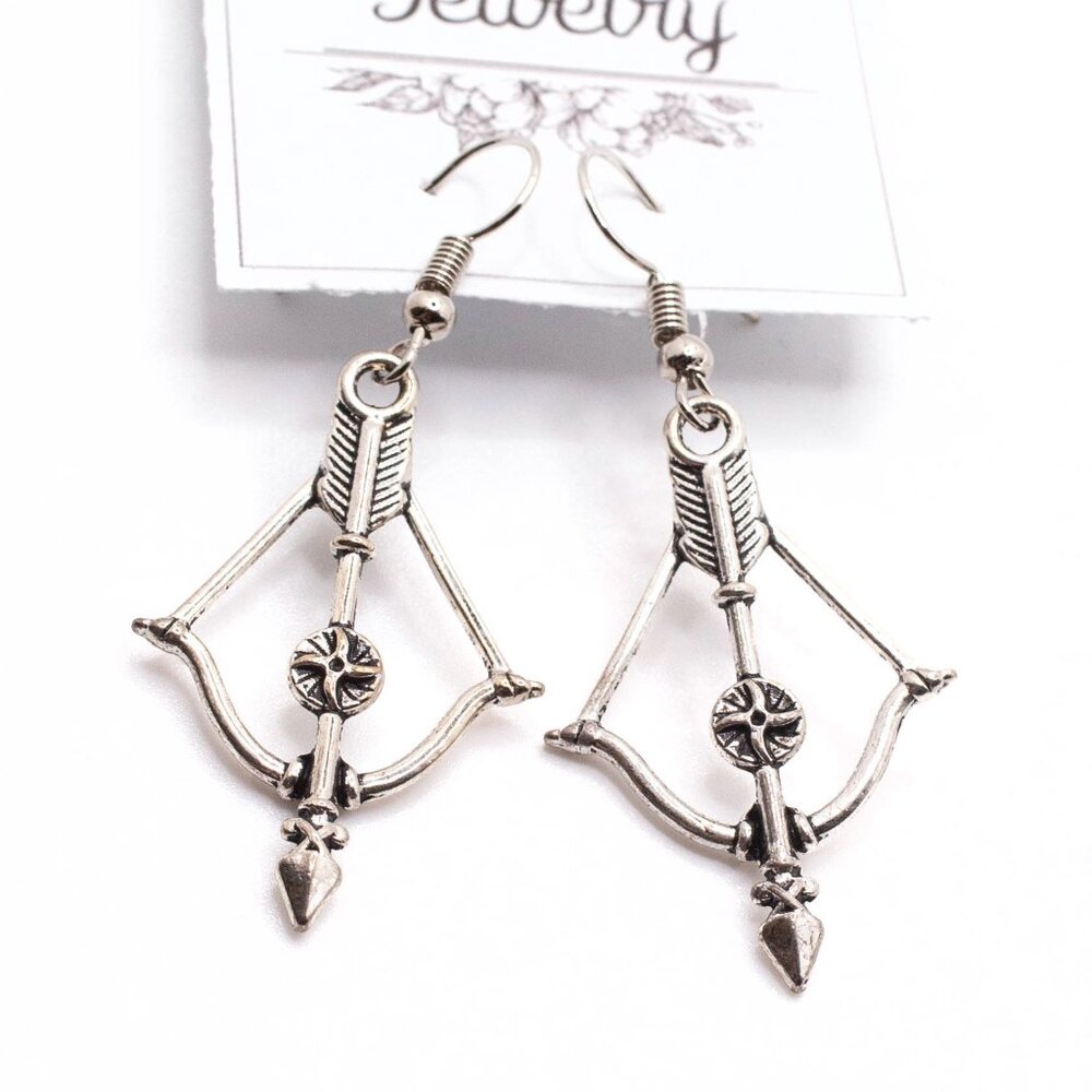 Handmade Silvertone Archers Bow and Arrow Marksman Dangle Earrings, New
